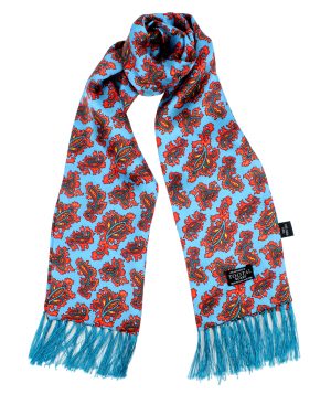 Mens Silk Scarf in Blue with Retro Print Design